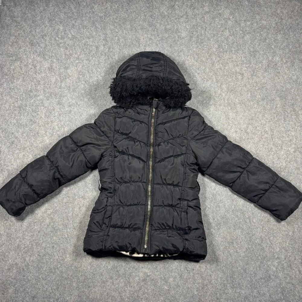 Juicy‎ Couture Kids Black Puffer Jacket Leopard Lining Faux Fur Hood Small 7/8